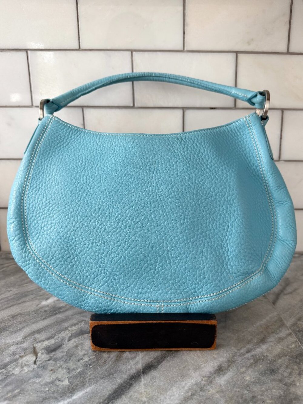 Ann Taylor Sky Blue Pebbled Leather Hobo Bag Silver Ring Detail Contrast Stitch